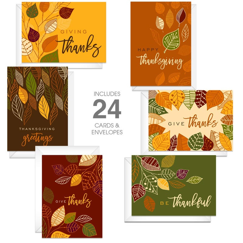 Canopy Street Modern Thanksgiving Cards / 24 Grateful Greeting Cards With Envelopes / 4 5/8" x 6 1/4" Fall Cards / 6 Festive Holiday Autumn Leaves Designs - Image 2